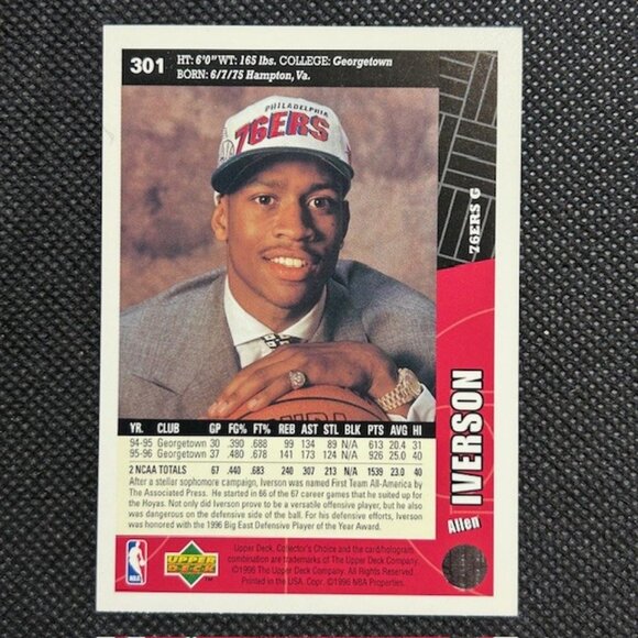 1996-97 Upper Deck Collector's Choice Allen Iverson #301 Rookie RC HOF - Picture 2 of 2